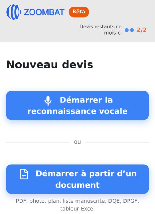 L'écran « Nouveau devis » sur téléphone : démarrer à la voix ou à partir d'un document