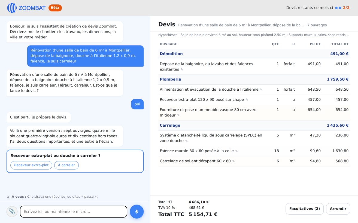 L'assistant sur ordinateur : la conversation à gauche, le devis détaillé à droite