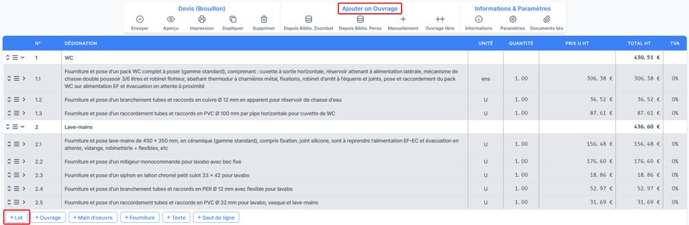 Écran de création de document ZOOMBAT réorganisé