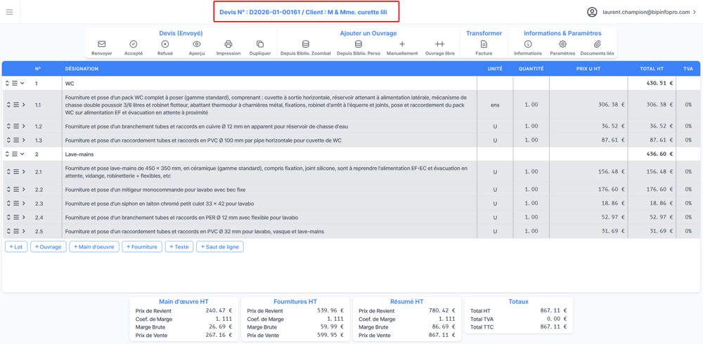 Numéro de document et nom du client affichés en haut du devis ZOOMBAT