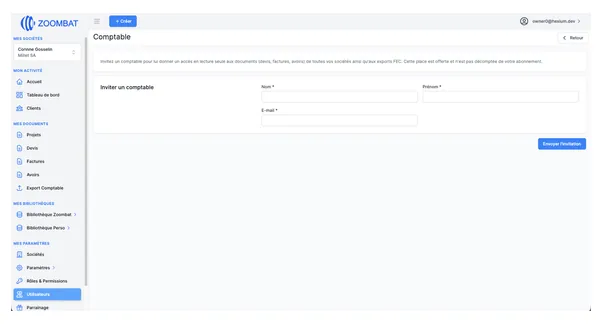 Inviter un comptable à accéder à ZOOMBAT en lecture