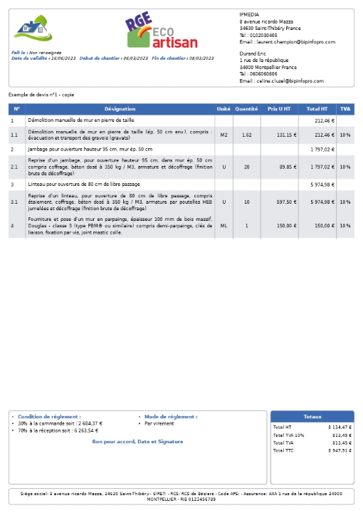 Devis, acomptes, situations, factures et avoirs