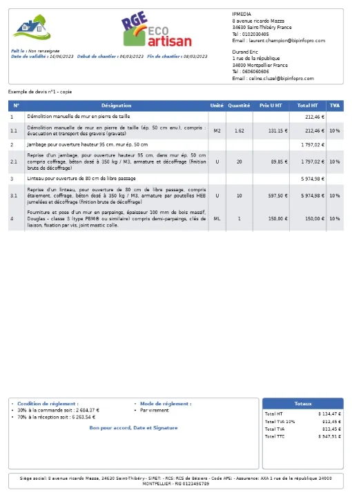 Devis, acomptes, situations, factures et avoirs